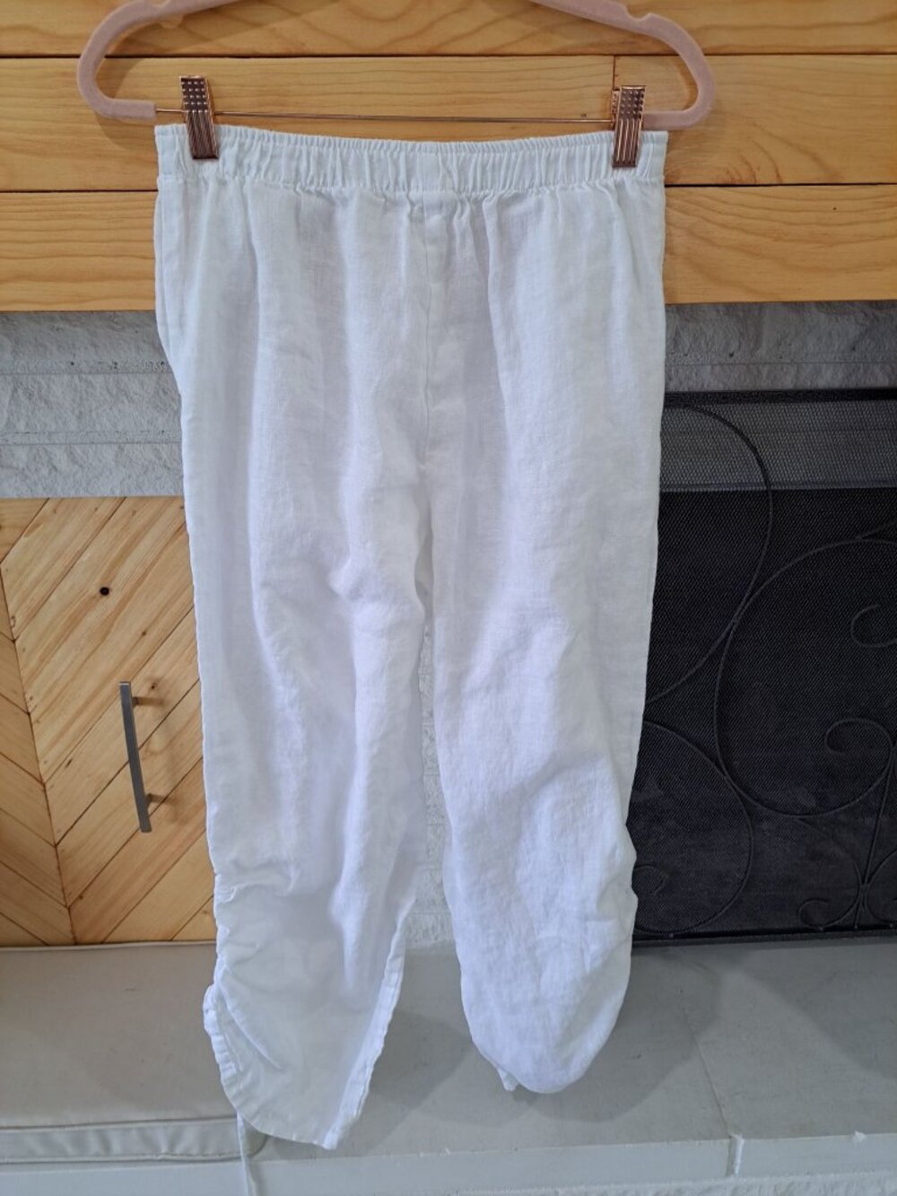 Et' Lois White Linen Drawstring Pants Ruched Hem Elastic Pull On Waistband S - Picture 5 of 11